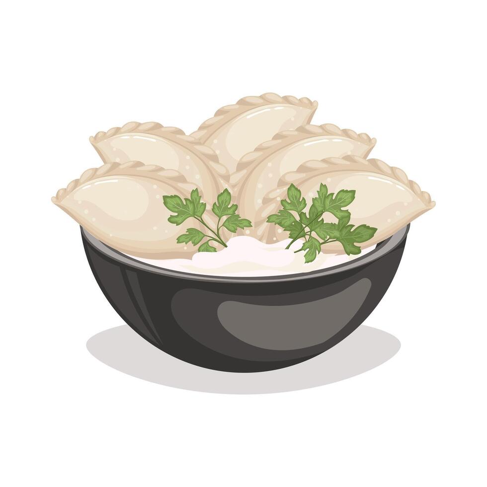 Vareniki with sour cream in a bowl. Food of Russian and Ukrainian cuisine. Illustration vector