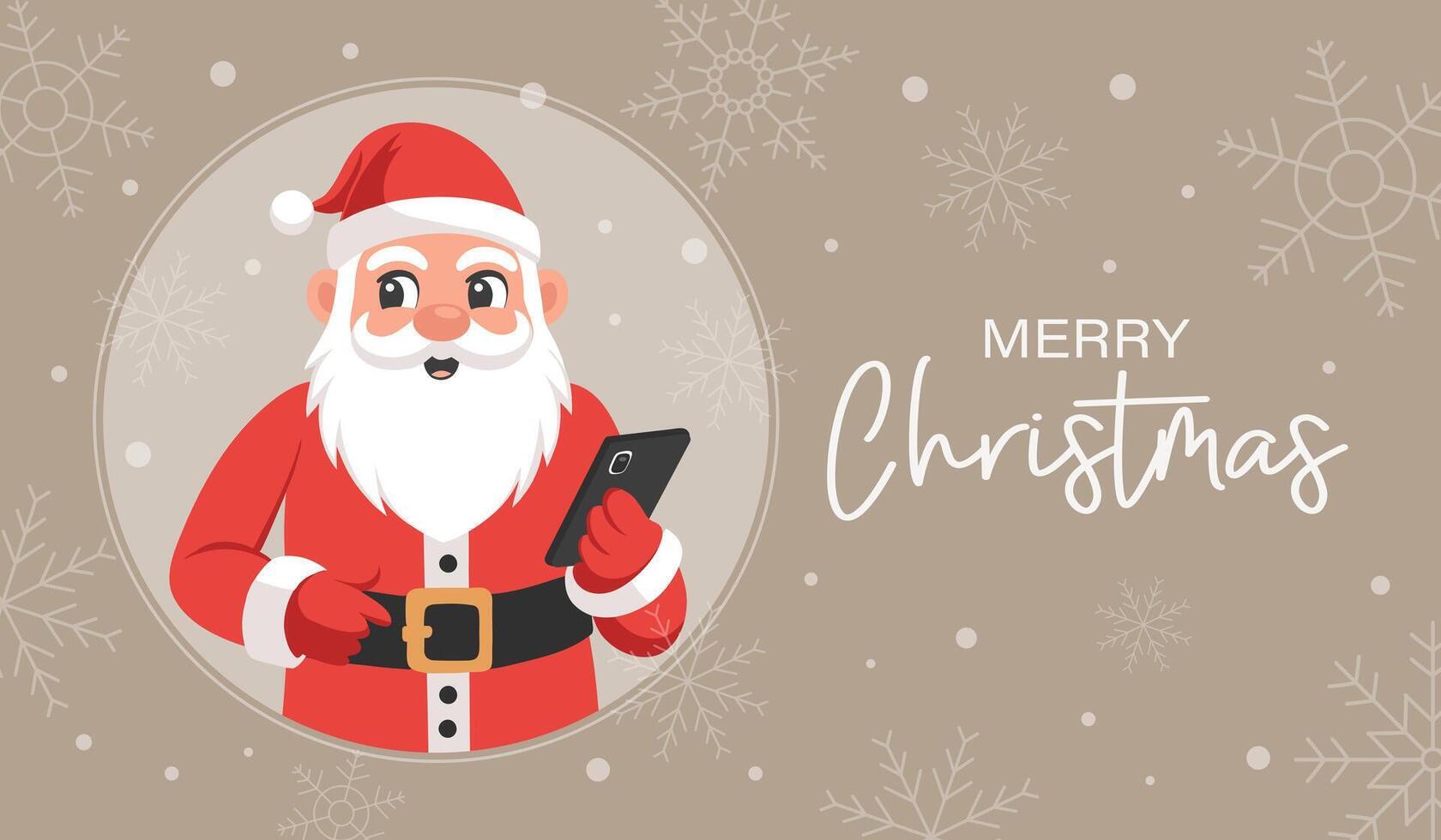 Cute Santa Claus with a smartphone in his hand on a background of snowflakes. Christmas and New Year greeting card. Flat style illustration. vector