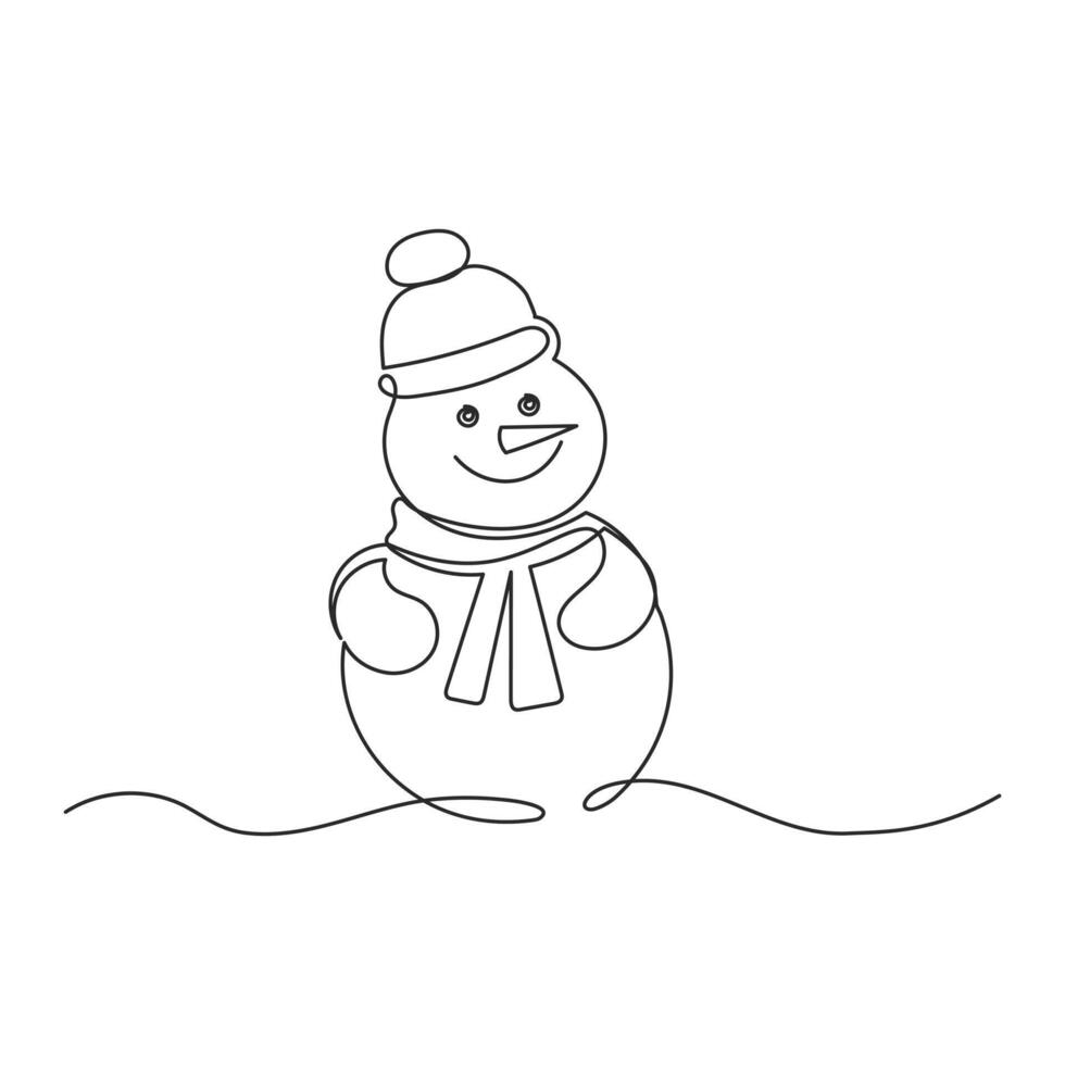 Continuous one line drawing of cute snowman in hat and scarf. Holiday illustration, greeting card vector