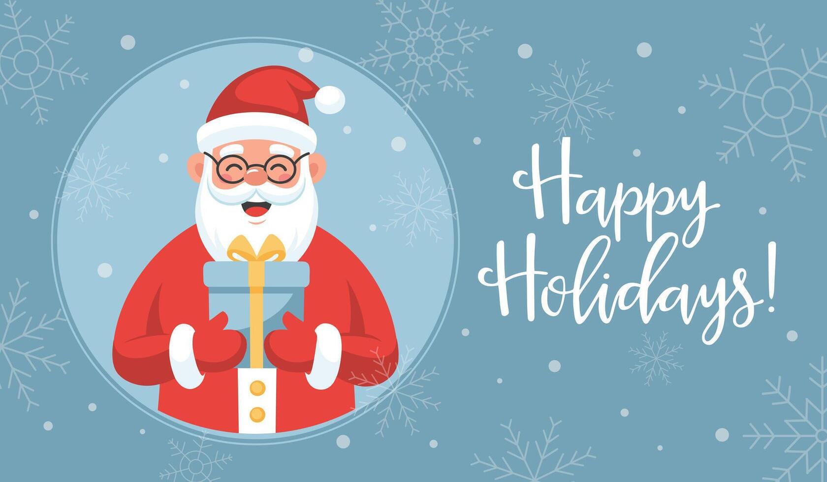 Cute Santa Claus with a gift box in his hands on a background of snowflakes. Christmas and New Year greeting card. Flat style illustration. vector