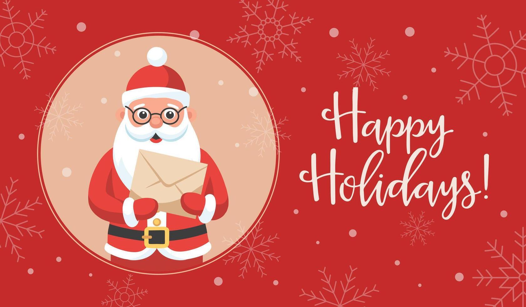 Cute Santa Claus with a letter in his hand on a background of snowflakes. Christmas and New Year greeting card. Flat style illustration. vector