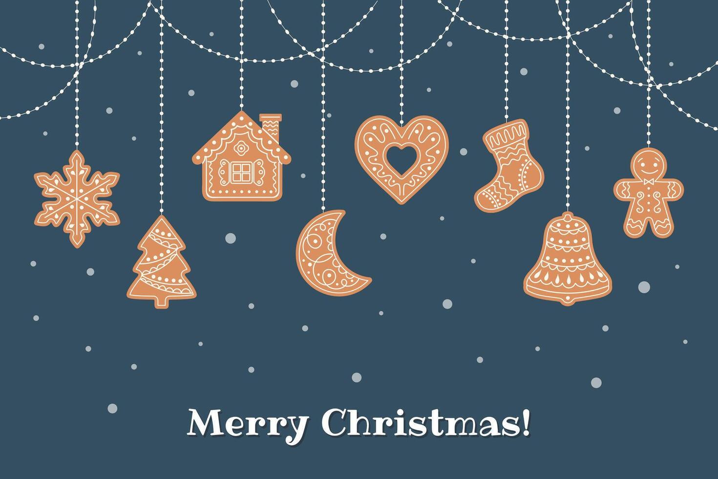 Christmas background with hanging cute gingerbread cookies, greeting card template. Flat style illustration. vector