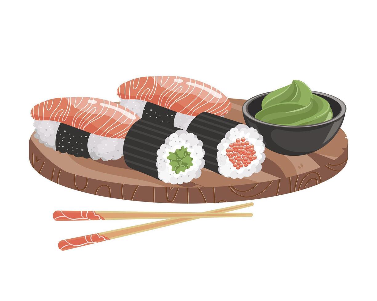 Sushi and rolls with wasabi sauce on a wooden tray. Asian cuisine. Illustration vector