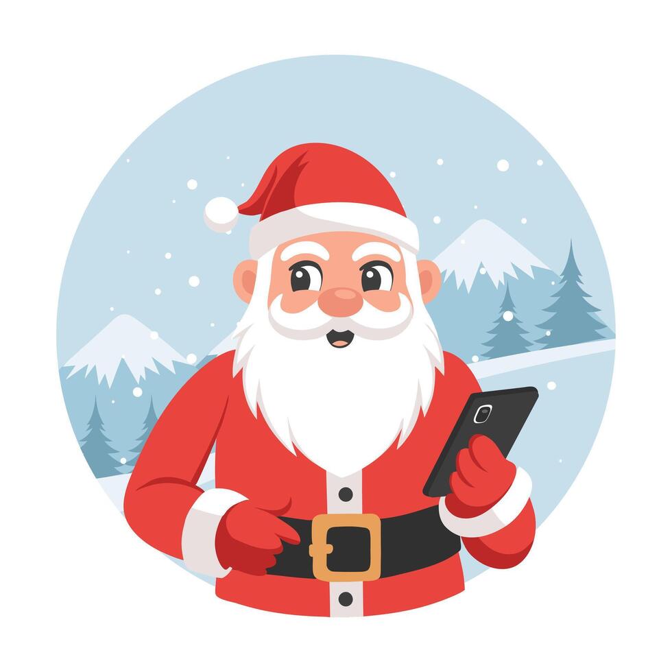 Cute Santa Claus with a smartphone in his hand against the background of a winter landscape. Christmas illustration in a flat style. vector