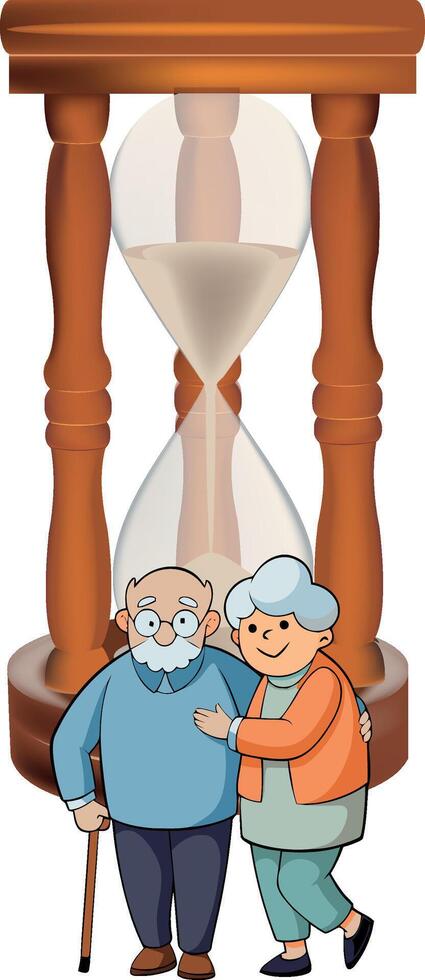 An elderly couple standing next to a clock vector