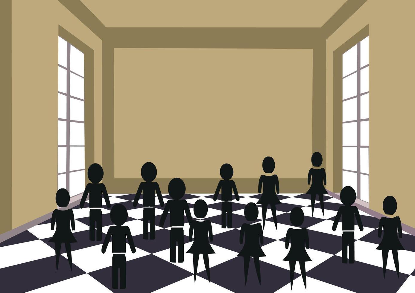 A group of people standing in a room with a checkered floor vector