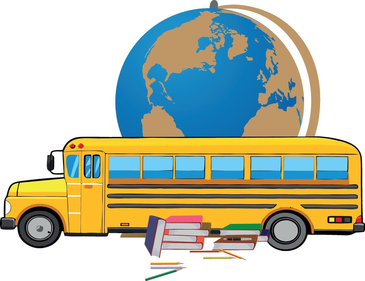 A school bus with books and a globe vector