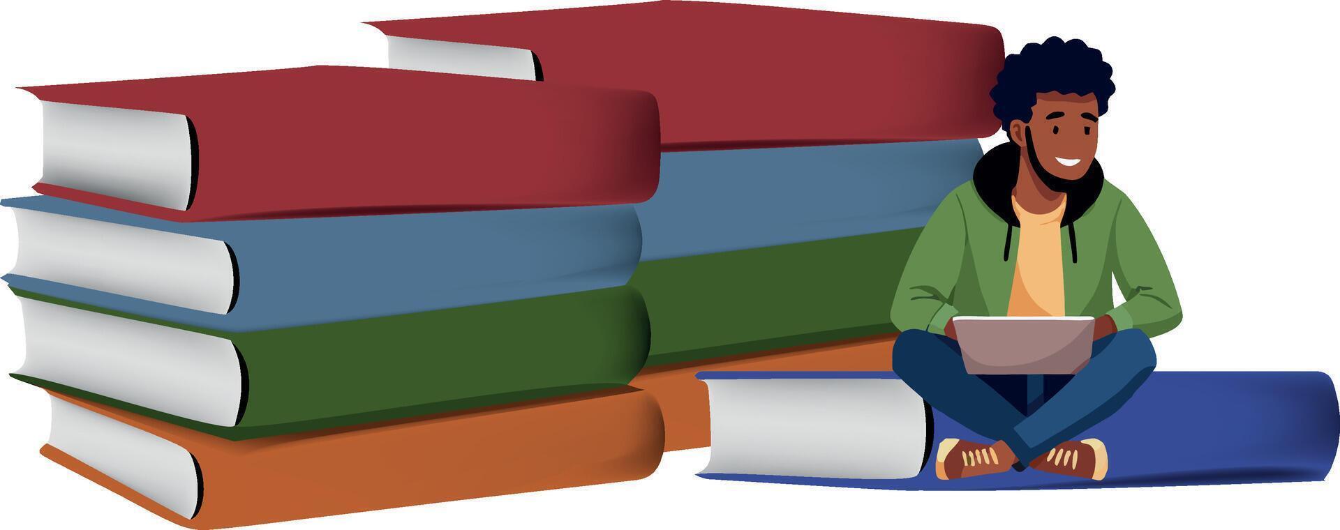 A cartoon man sitting on top of stacks of books vector