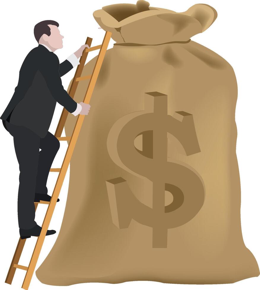 A man climbing up a ladder to reach a bag with a dollar sign vector