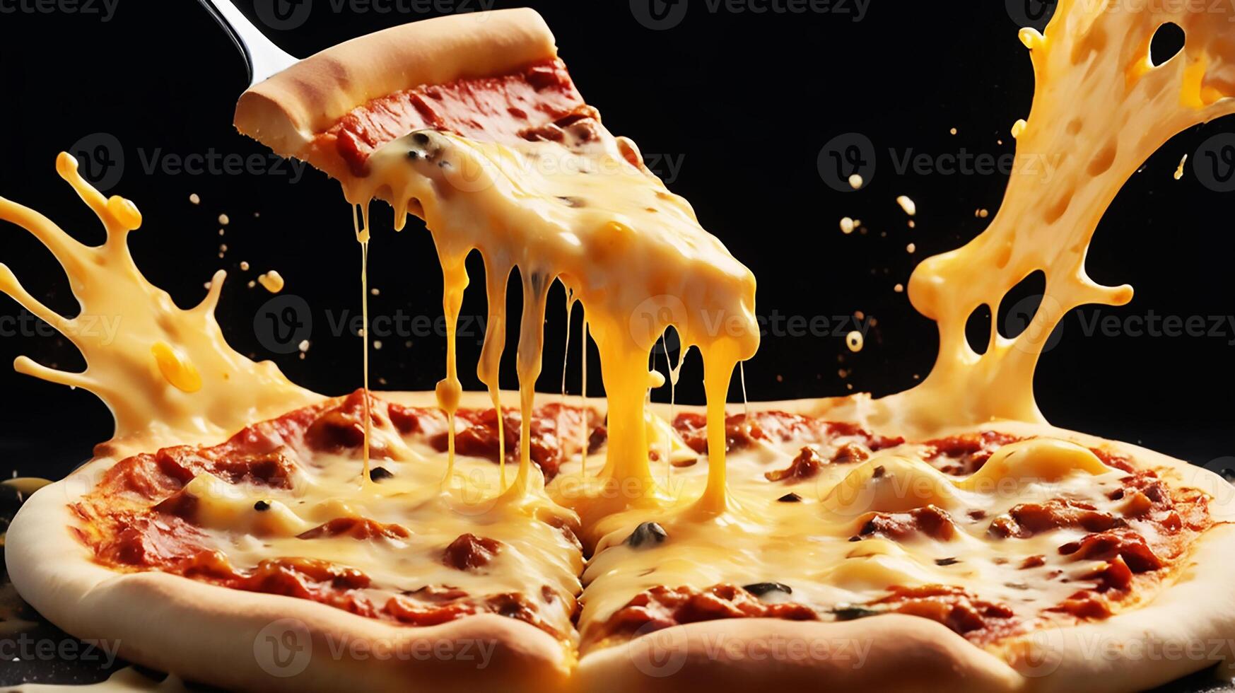 A dynamic splash of melted cheese over a pizza slice photo