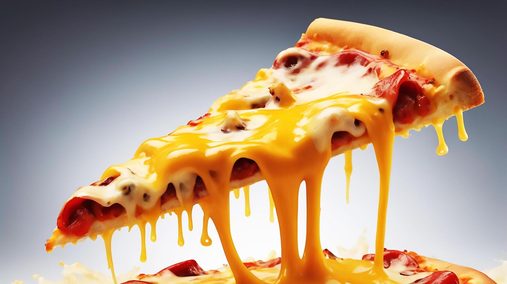A dynamic splash of melted cheese over a pizza slice photo