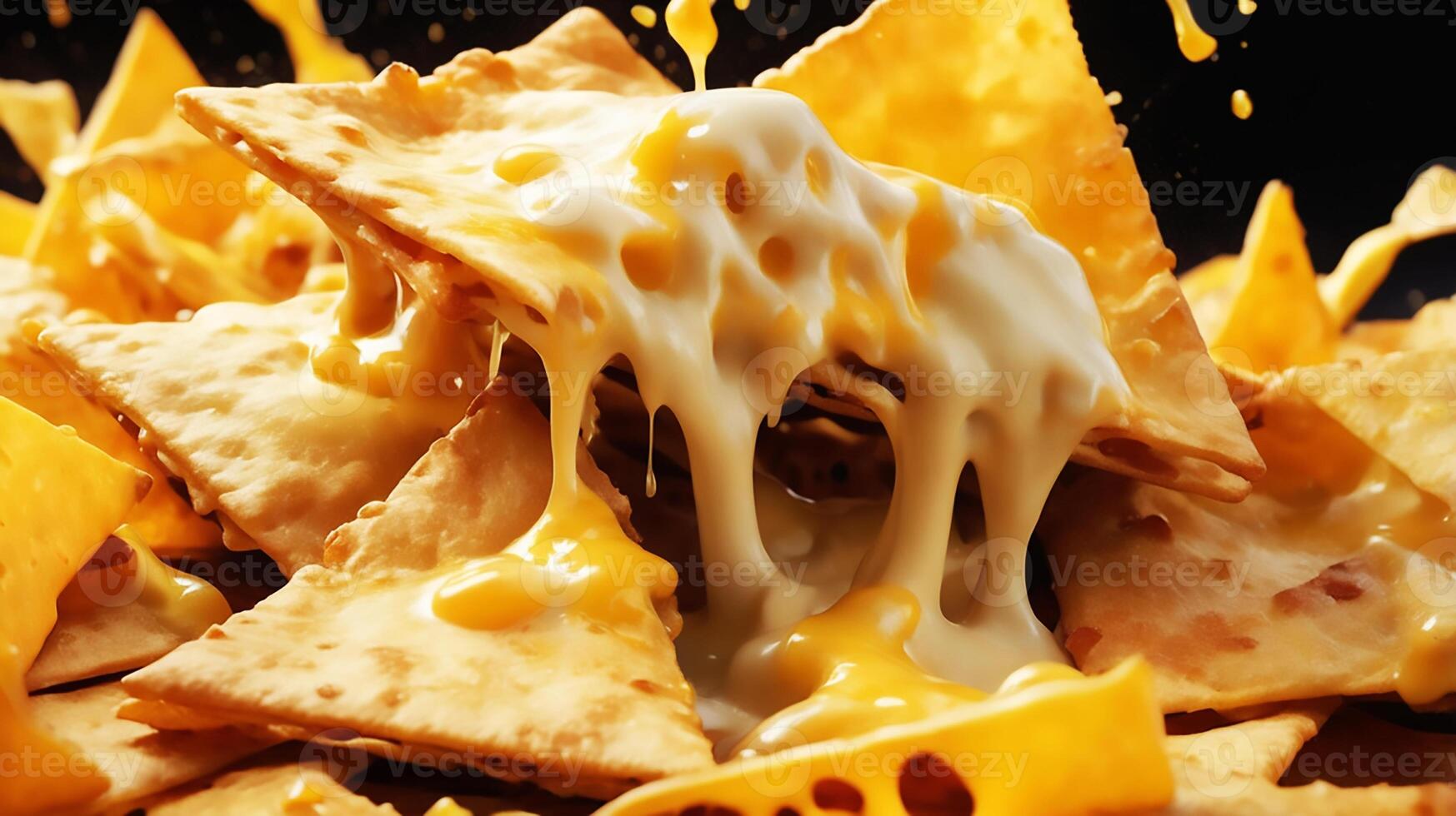 A cheese splash interacting with crispy nachos photo