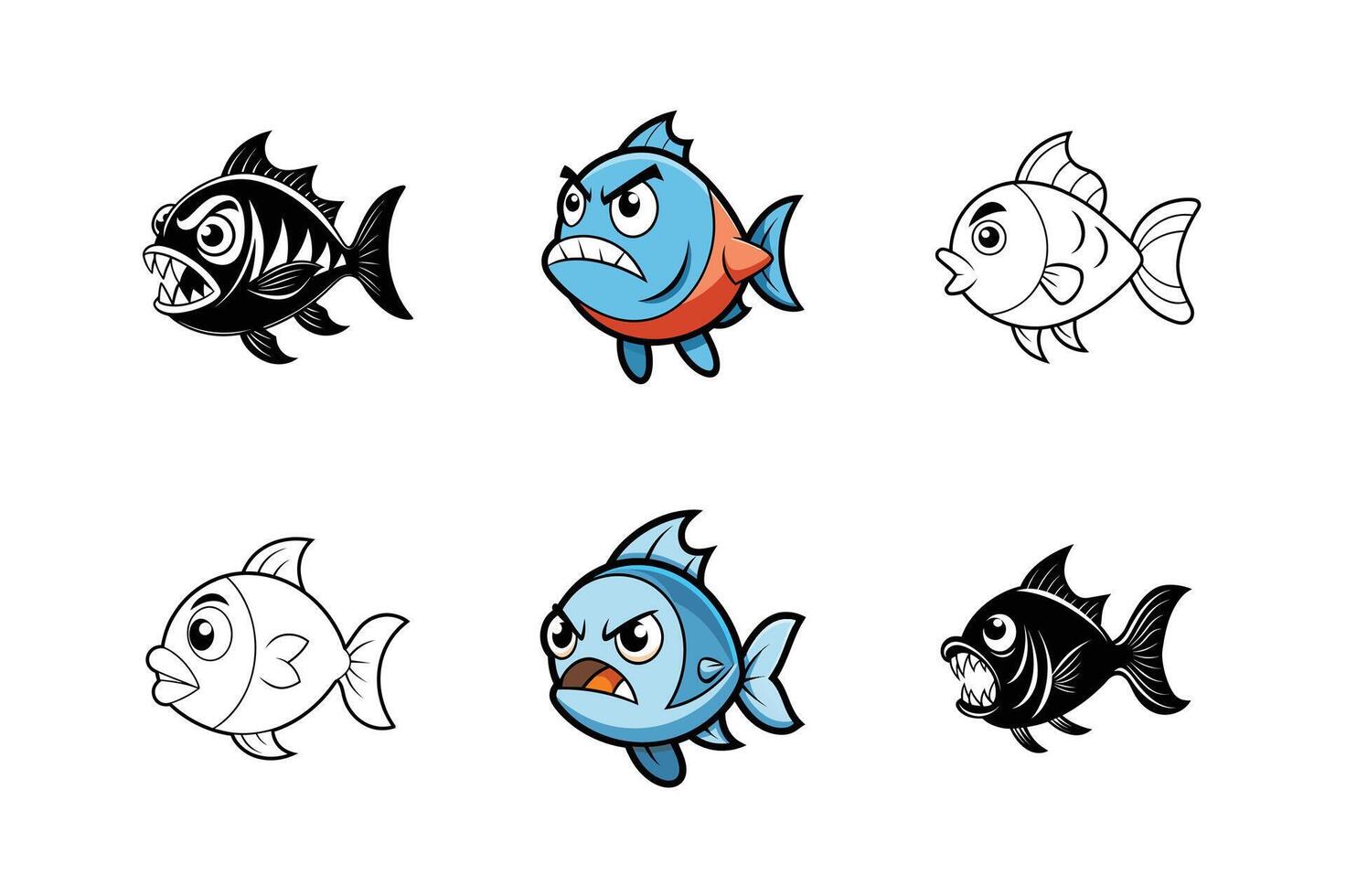 Angry Fish Set - Cartoon Style Illustrations of Aggressive Marine Creatures vector