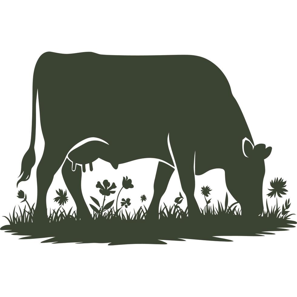 Silhouette of a cow grazing in the grass vector