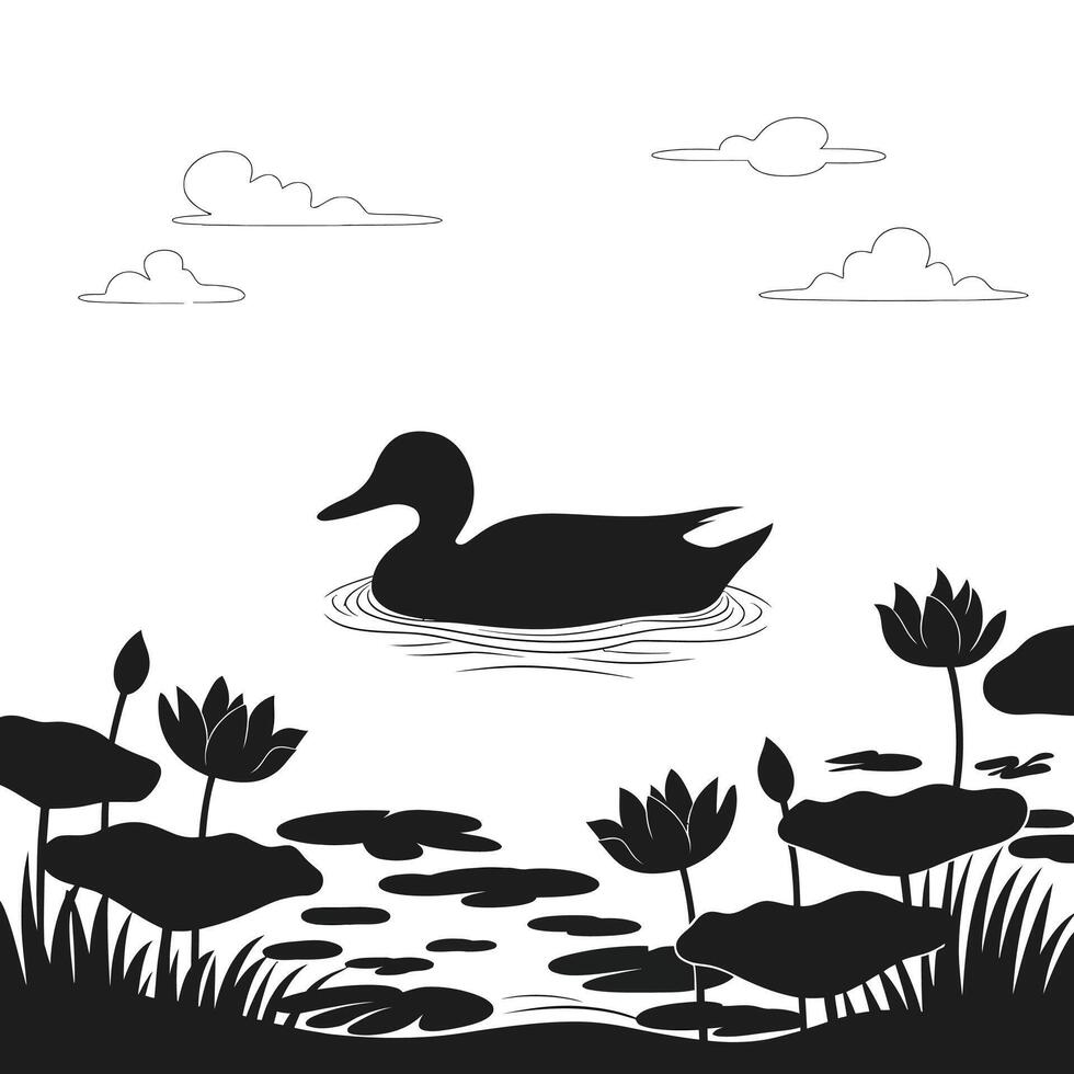 Duck swimming in the pond with lily pads and water lilies vector