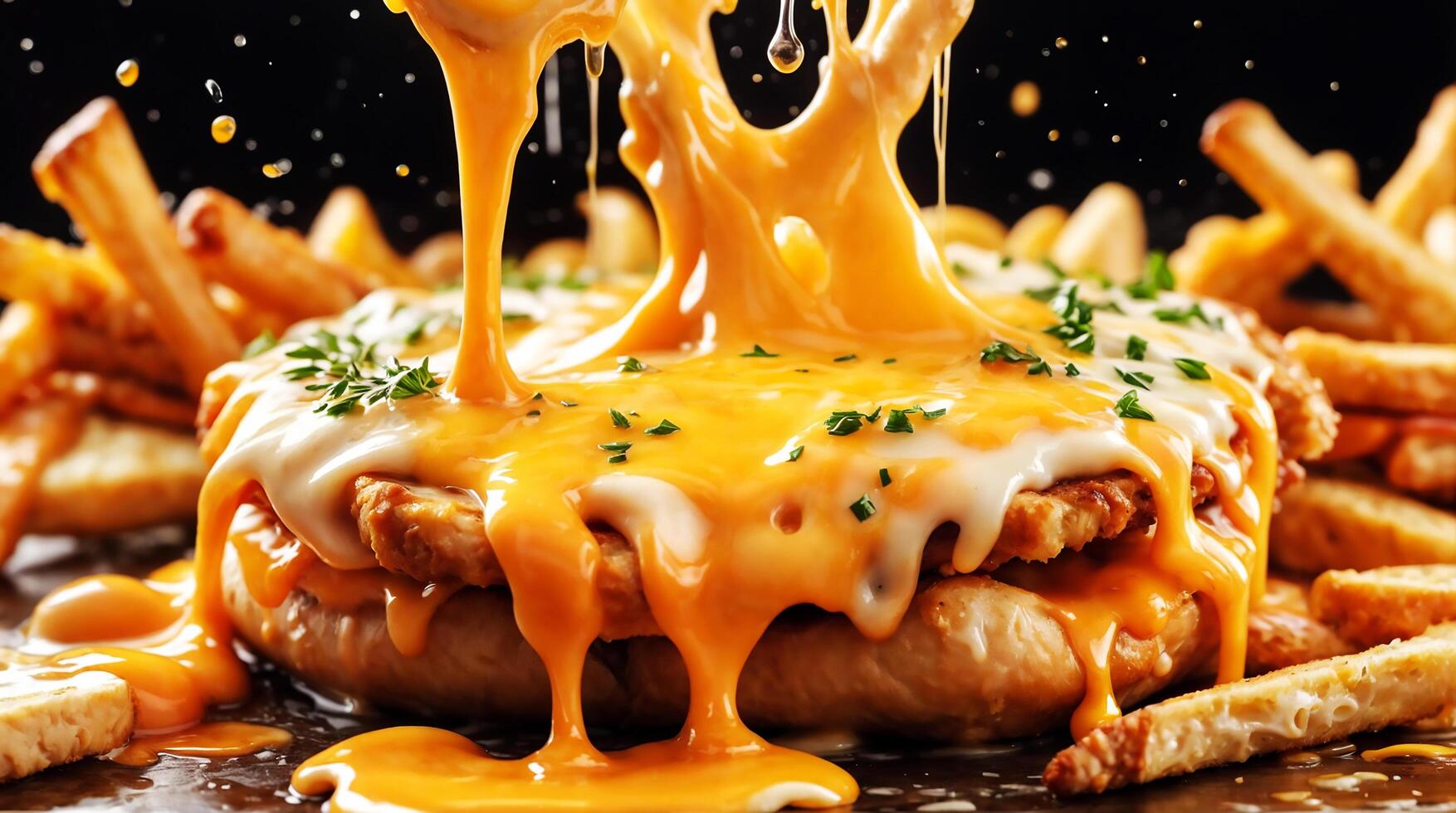 Melted cheese splashing over crispy French fries photo