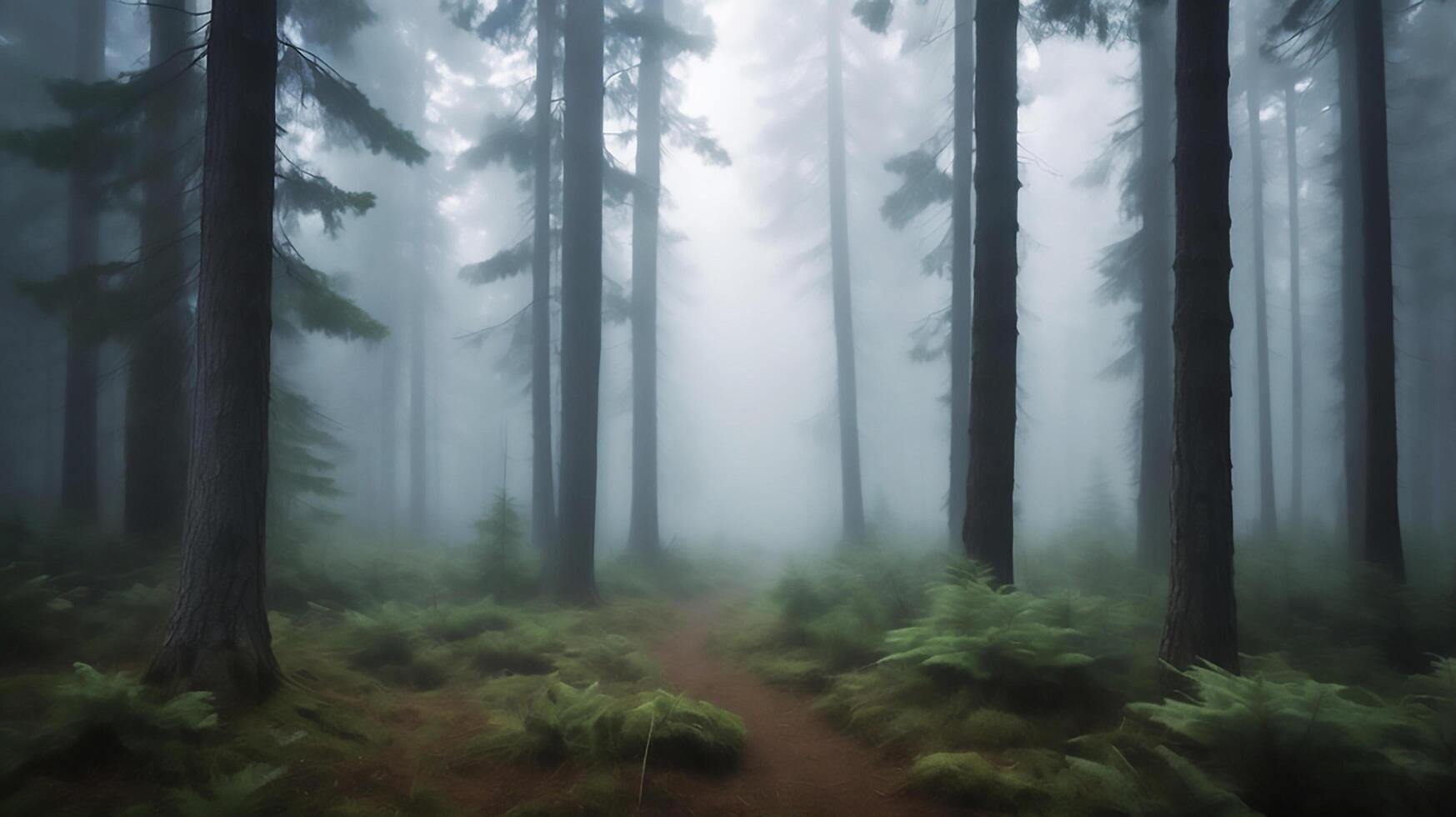 A mysterious dense forest covered in thick fog photo