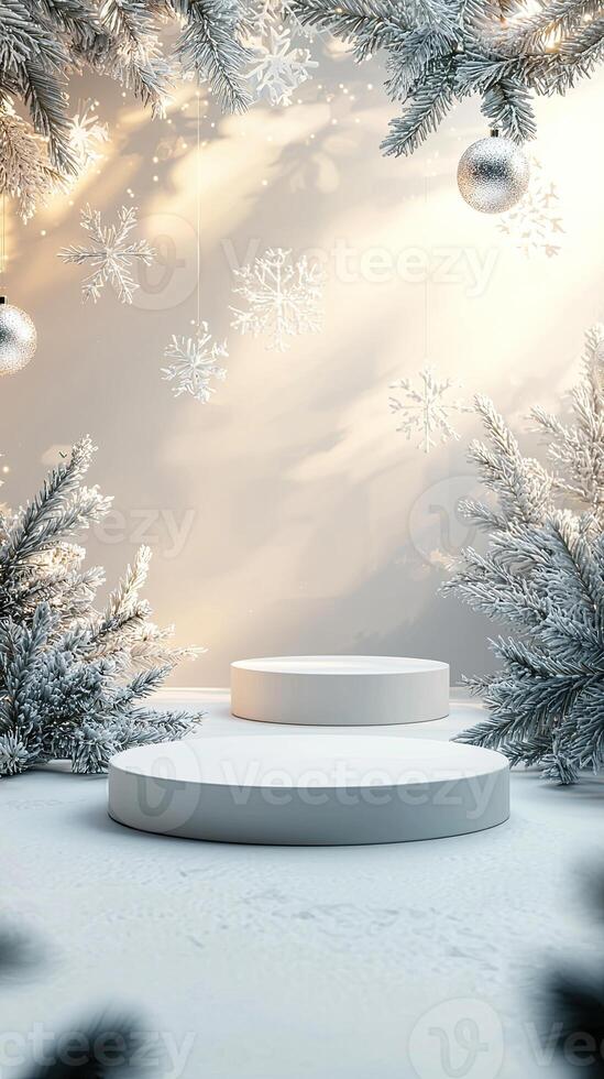 Product mockup scene for the winter holiday. Festive background with empty podium. photo
