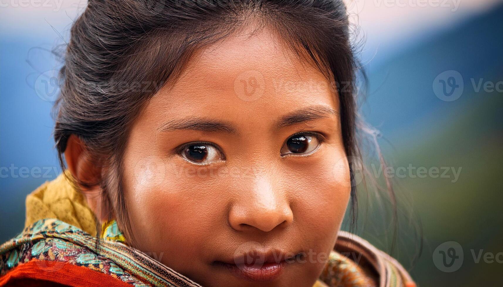 portrait of a young Tibetan woman with a calm and serene expression. Her natural beauty is highlighted by her smooth complexion, intricate traditional scarf, soft background of mountain scenery photo