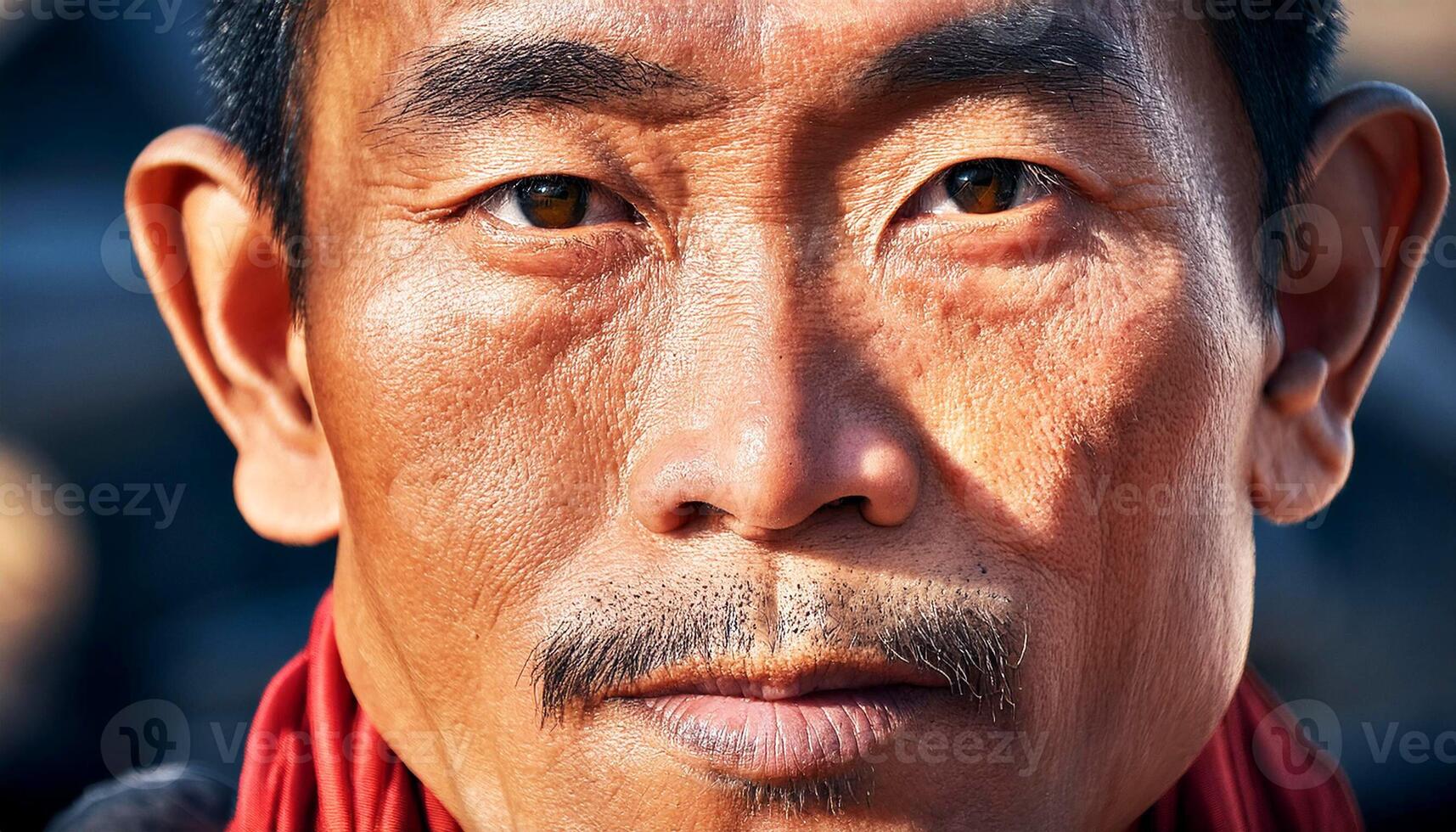portrait of a Tibetan man showcasing a rugged and natural appearance, highlights the texture of his skin, deep-set brown eyes, and traditional features, warm sunlight enhancing, brown eyes photo