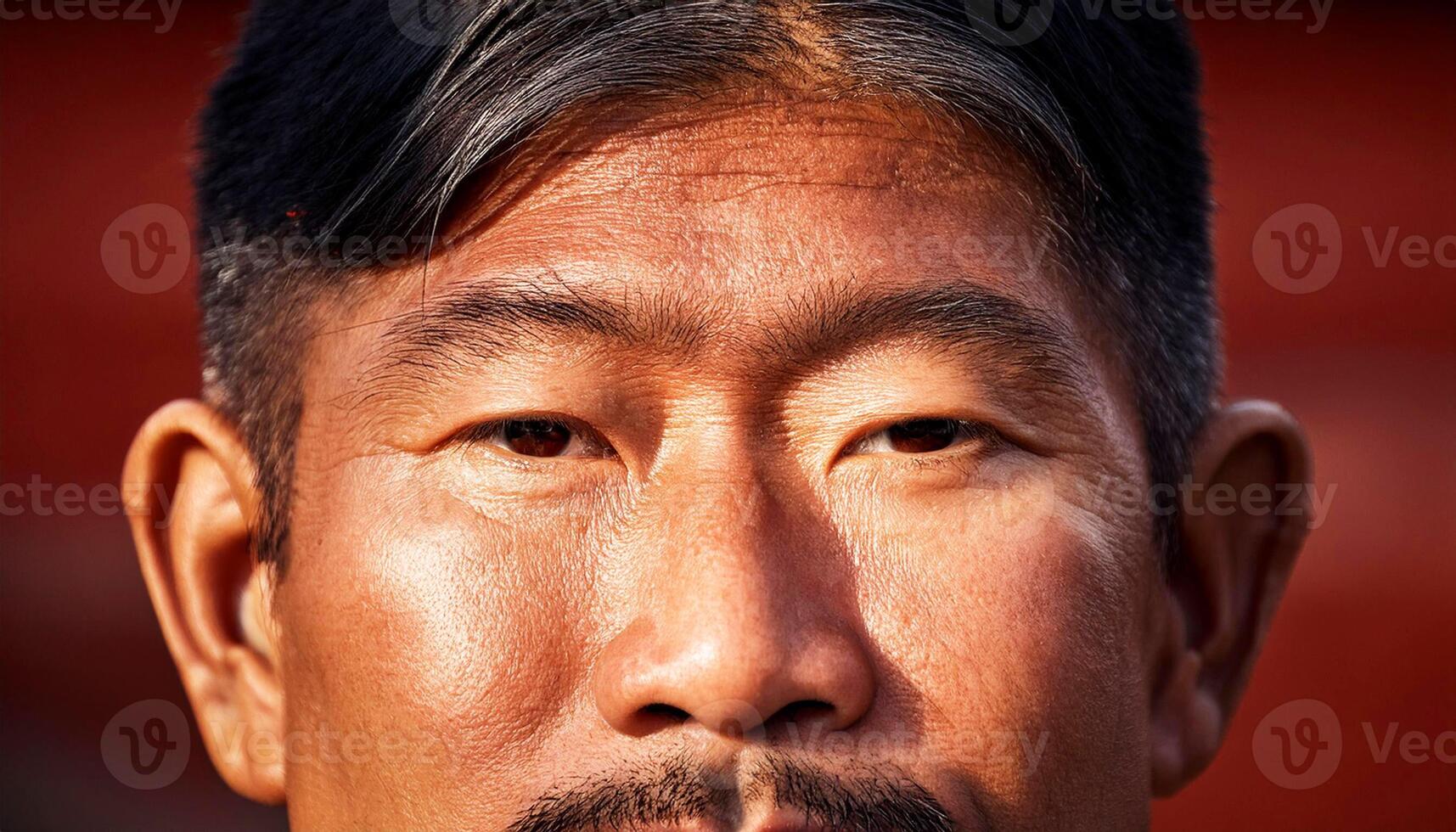 portrait of a Tibetan man showcasing a rugged and natural appearance, highlights the texture of his skin, deep-set brown eyes, and traditional features, warm sunlight enhancing, brown eyes photo