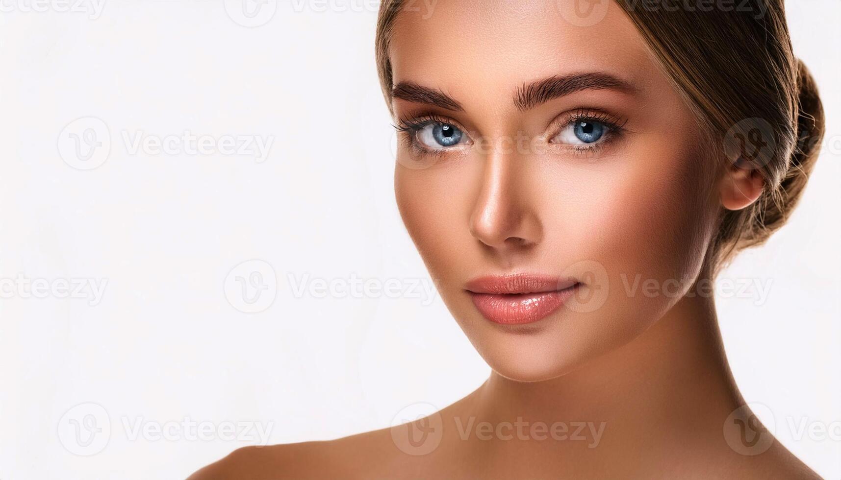Close-up portrait of a beautiful woman with radiant, flawless skin and striking blue eyes, creating a sophisticated and elegant look. Ideal for beauty, skincare, fashion related themes photo