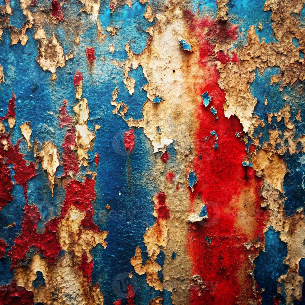 A close up of a red, blue and white painted wall photo