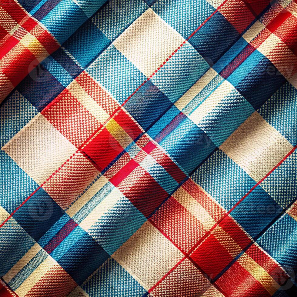 A red, blue and white plaid fabric photo