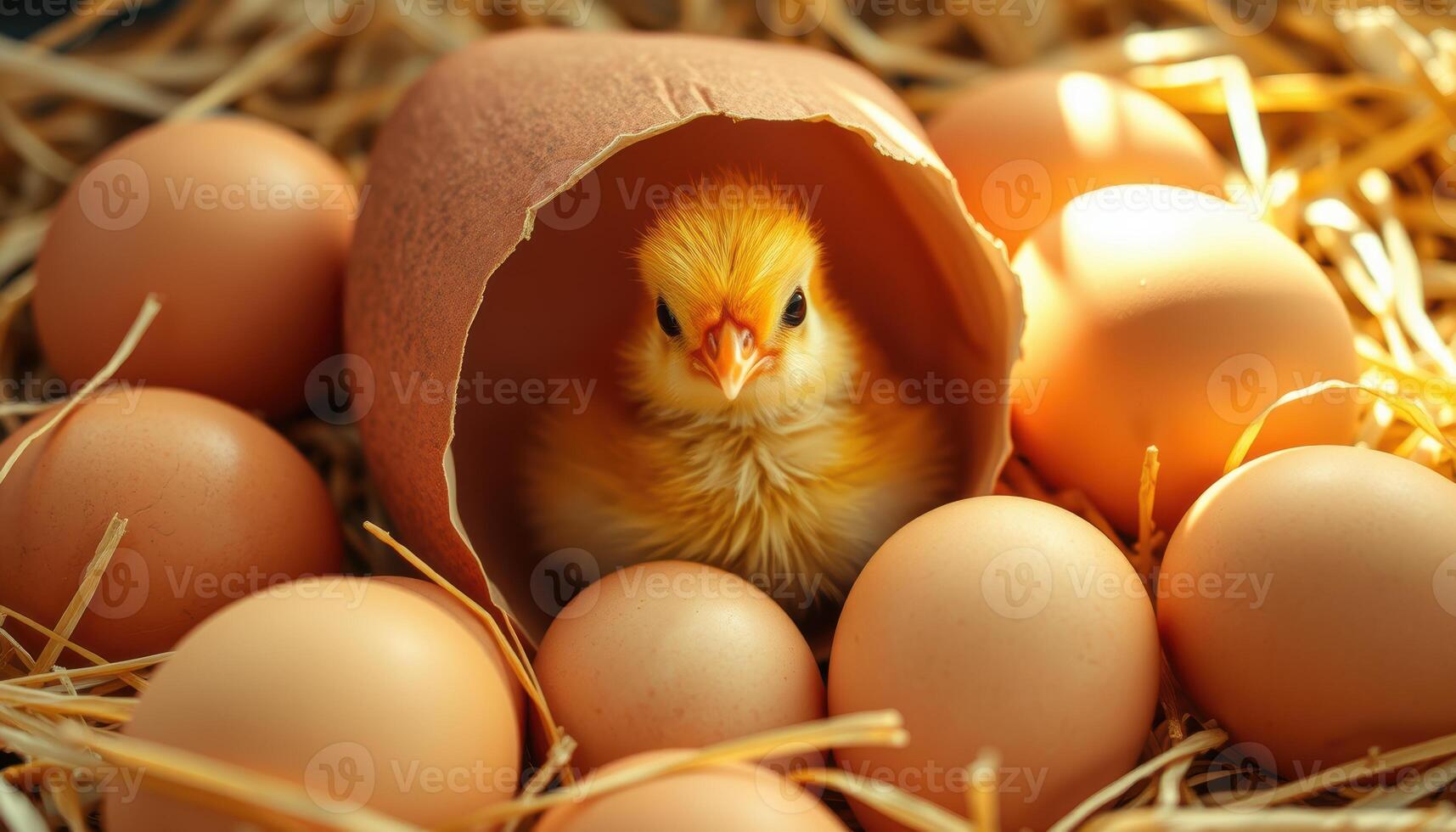 Fluffy Chick Emerging from Eggshell in Warm Light photo