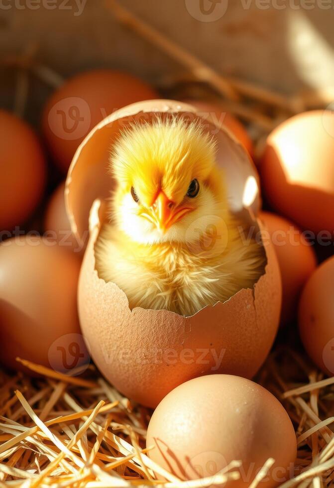Close-up of a newborn chick hatching from an eggshell photo