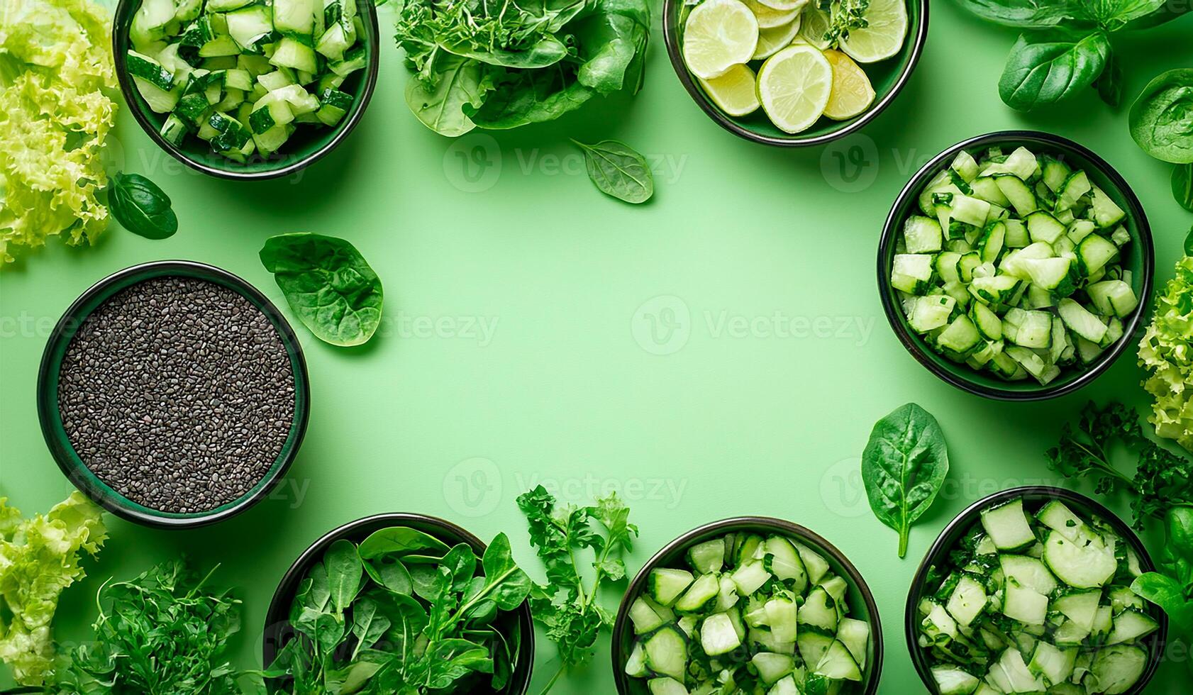 Healthy salad ingredients on green background, top view, empty space in center photo