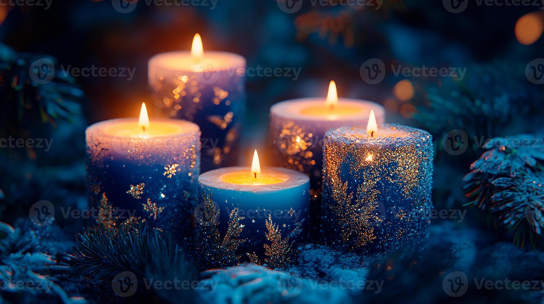Christmas and New Year background with burning candles, spruce branches and snow photo