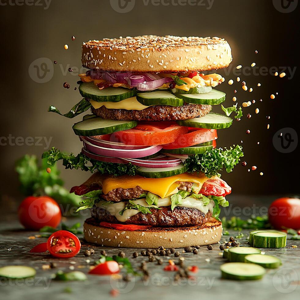 Delicious hamburger with fresh vegetables and cheese on a dark background photo