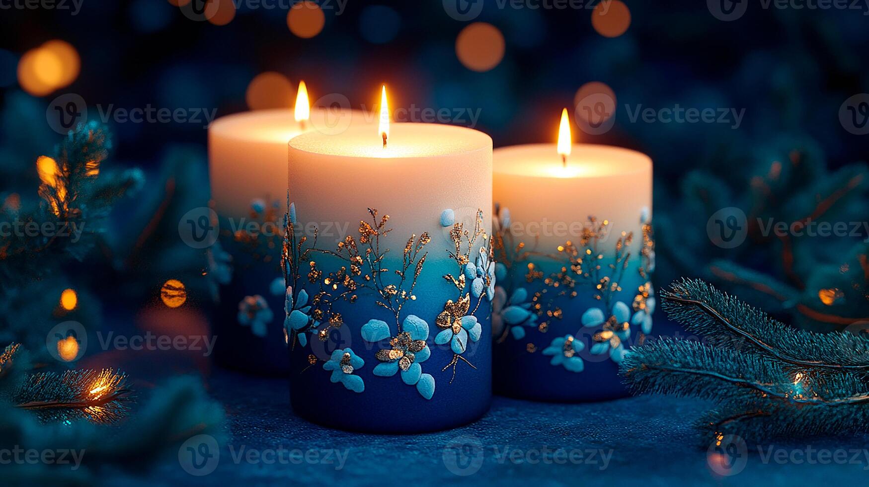 Burning candles on a blue background with fir branches and Christmas lights photo