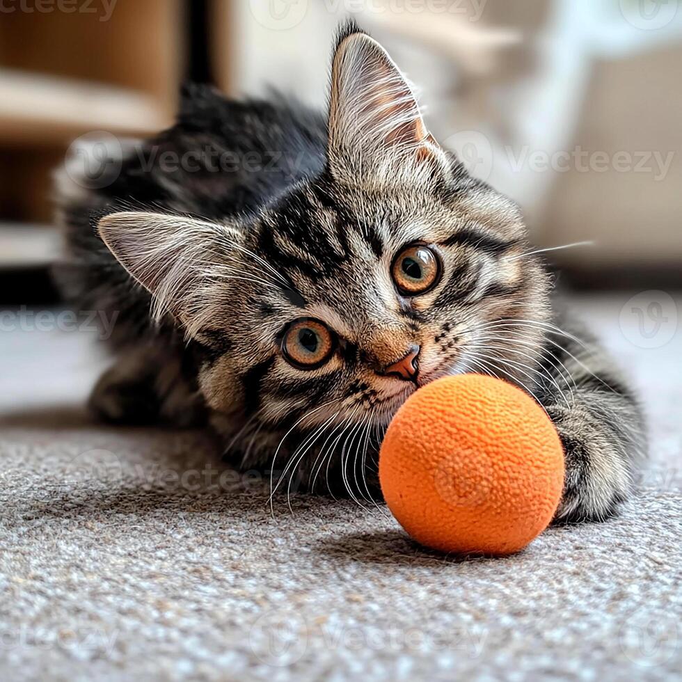 Cute tabby kitten playing with an orange on the carpet at home photo
