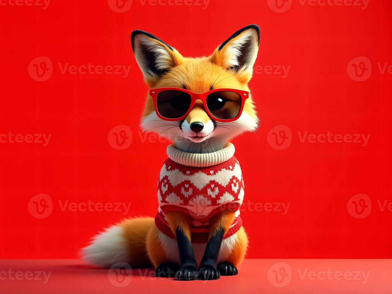 A stylish fox wearing big red sunglasses and a cozy knitted sweater with cheerful patterns photo