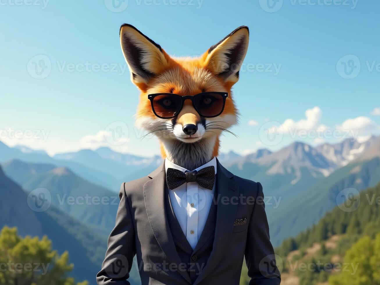 Stylish Fox in Fashionable Suit Against Scenic Mountain Background photo