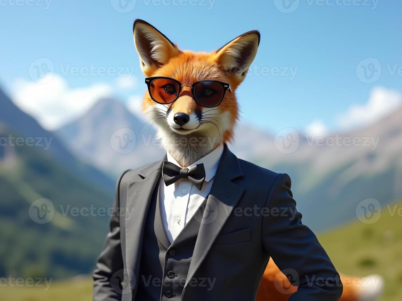 Stylish Fox in Fashionable Suit Against Scenic Mountain Background photo