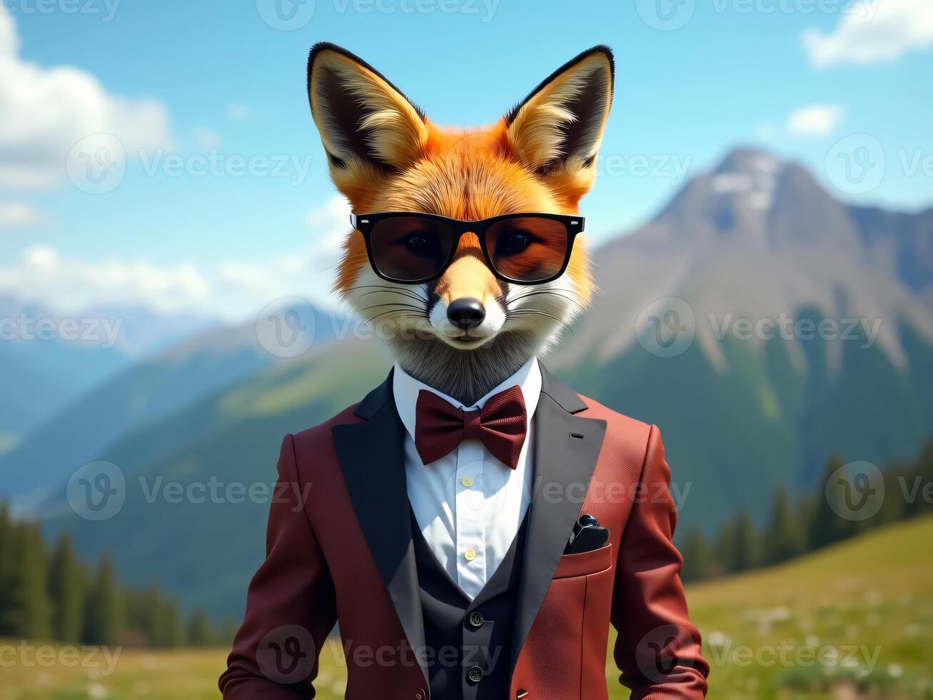 Stylish Fox in Fashionable Suit Against Scenic Mountain Background photo