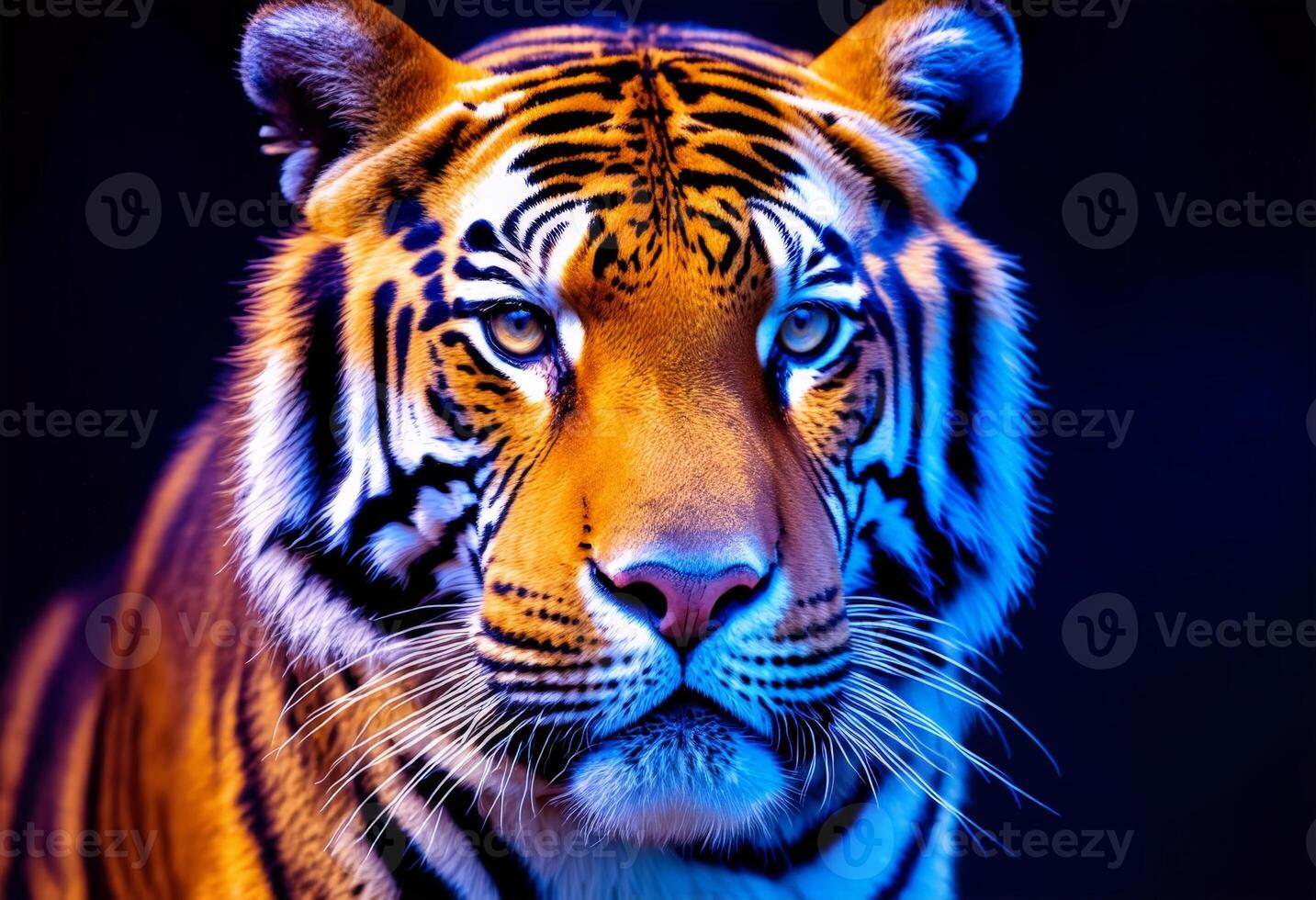 Majestic tiger portrait showcasing vivid colors and striking features in a dramatic setting photo