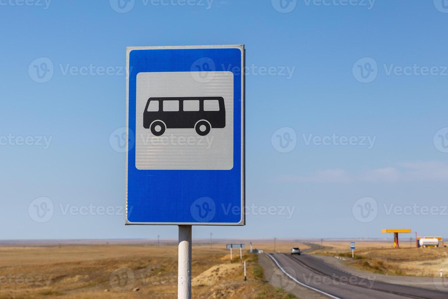 road sign bus stop on the highway in Kazakhstan photo