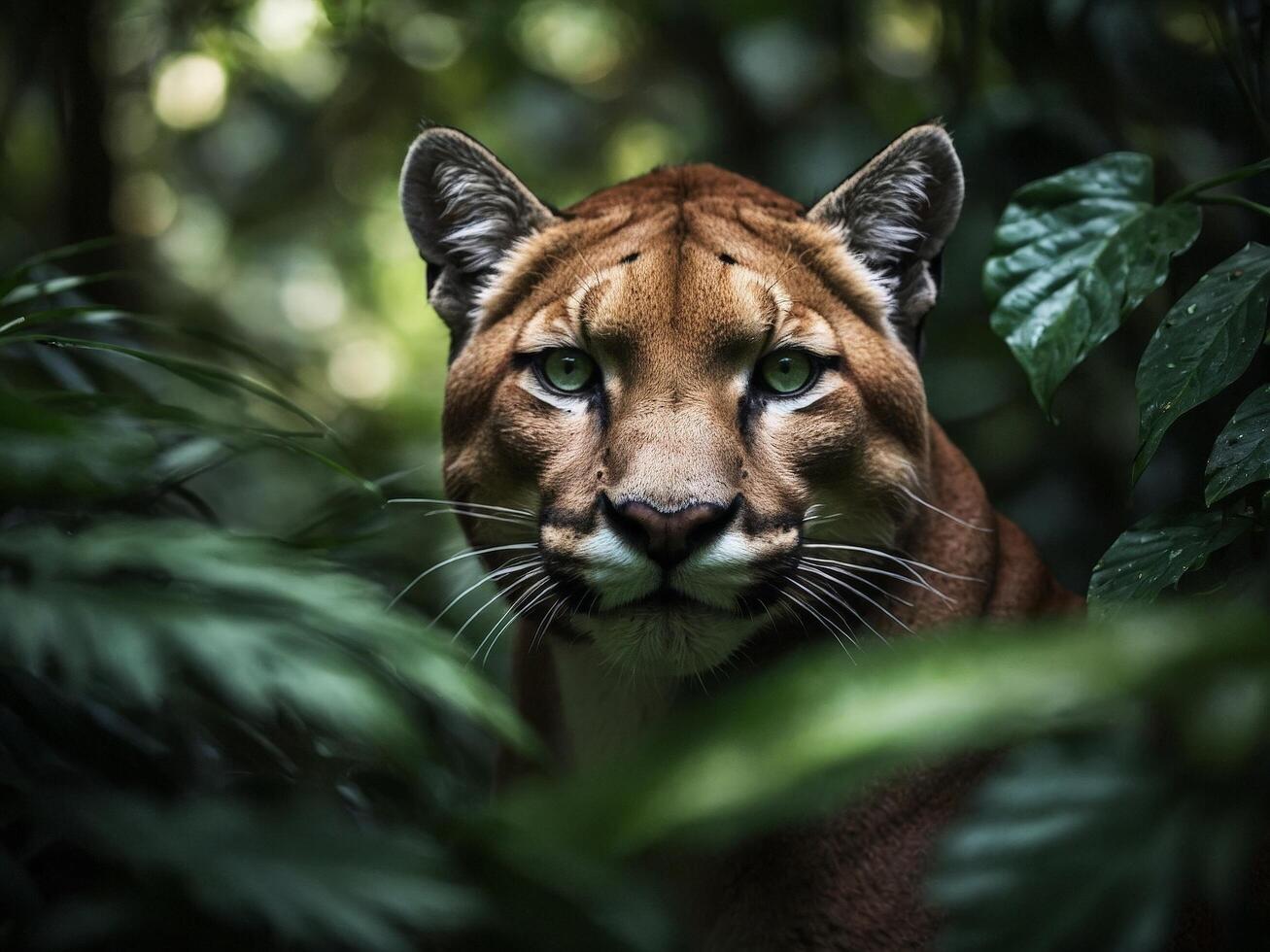 Majestic puma observes its surroundings in a lush tropical forest during twilight hours photo