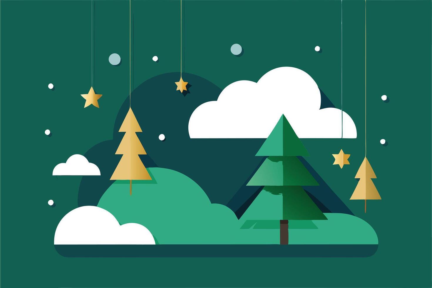 Elegant Christmas Winter Scene Green Trees, Gold Stars, Clouds vector