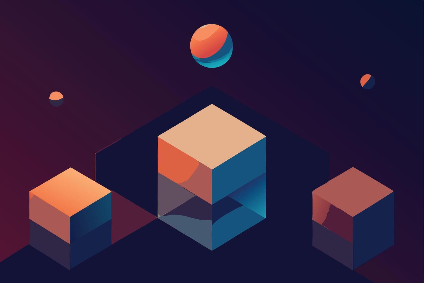 Abstract Geometric Cubes, Planets, Space, Isometric, Design, Art, Background, Gradient, Colors vector