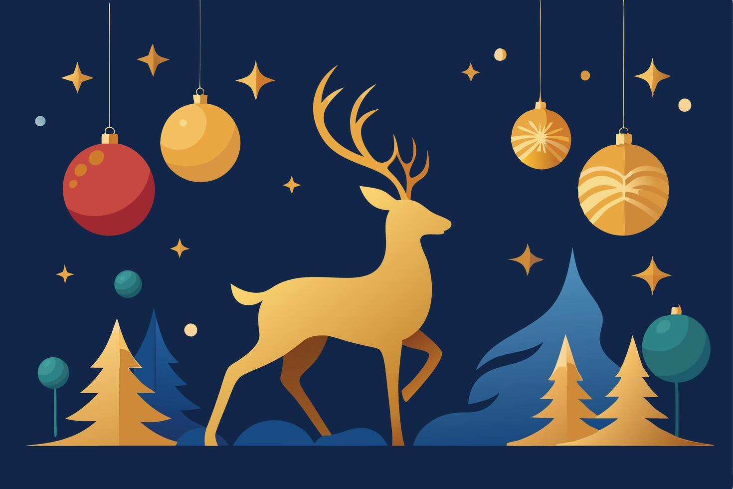 Golden Reindeer, Christmas Ornaments, Festive Winter Night Scene vector