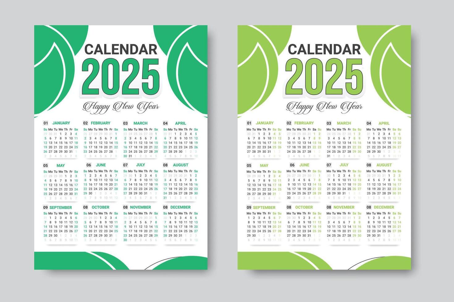 Happy New Year Calendar Design Template Sunday, Monday Week Starts in modern layout vector