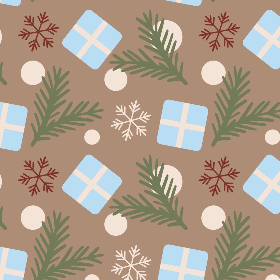 Seamless festive pattern. Branches, snowflakes, gift boxes, and decorative elements in trendy Mocha Mousse and complementary colors. For holiday packaging, textiles, wrapping paper, branding. vector