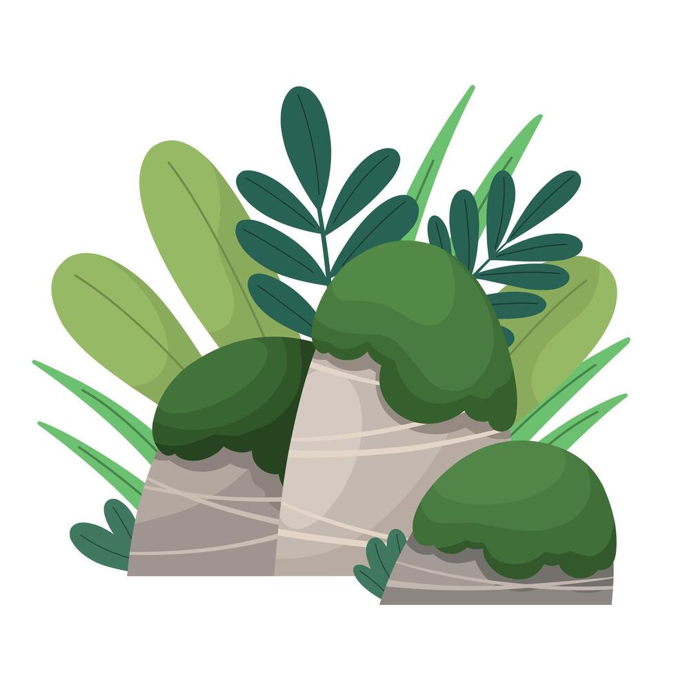 Location with bushes, grasses and stones for virtual games, nature theme, nature fragment in flat style. vector