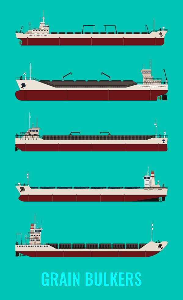 Set of illustrations of bulk carriers with cereals corn, sunflower, wheat on a blue sea background. vector
