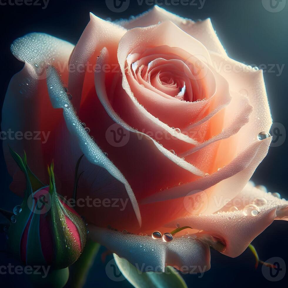 A close-up of a vibrant orange rose with delicate water droplets on its petals against a dark background. photo
